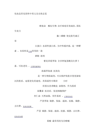 化妆品常见原料及功效(中英文版)