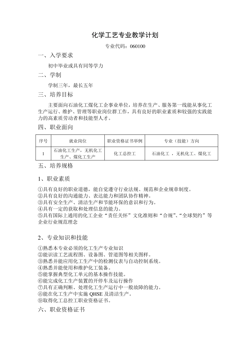 化学工艺中职专业教学计划_第1页