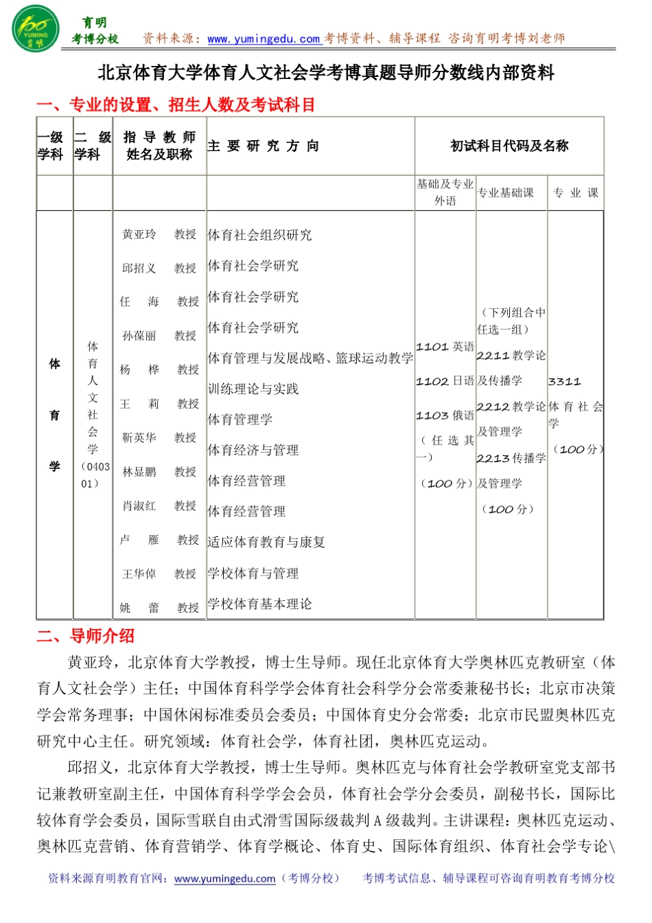 北京体育大学体育人文社会学考博真题导师分数线内部资料_第1页