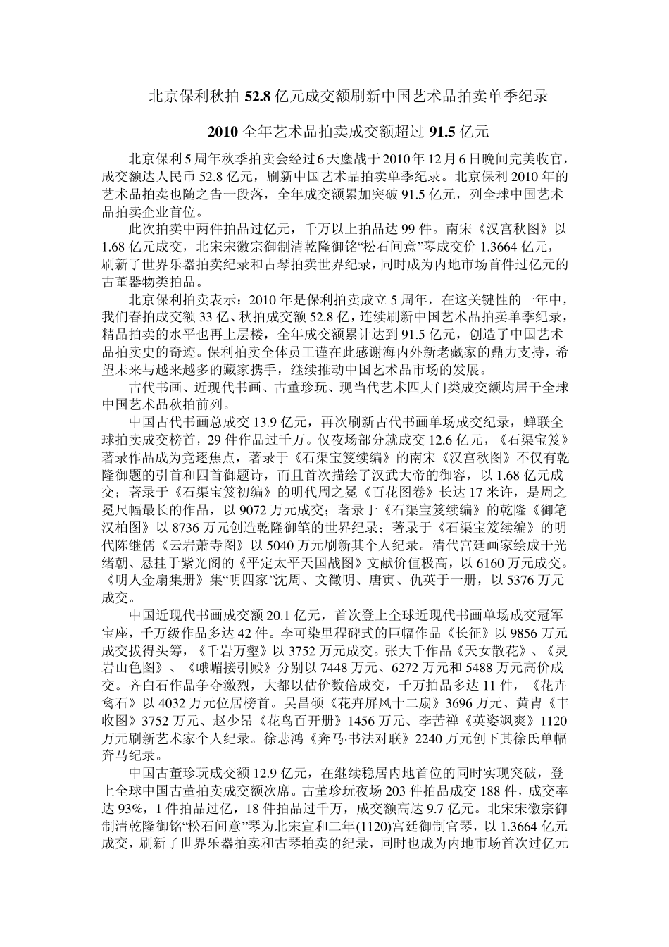 北京保利秋拍528亿元成交额刷新中国艺术品拍卖单季纪录_第1页