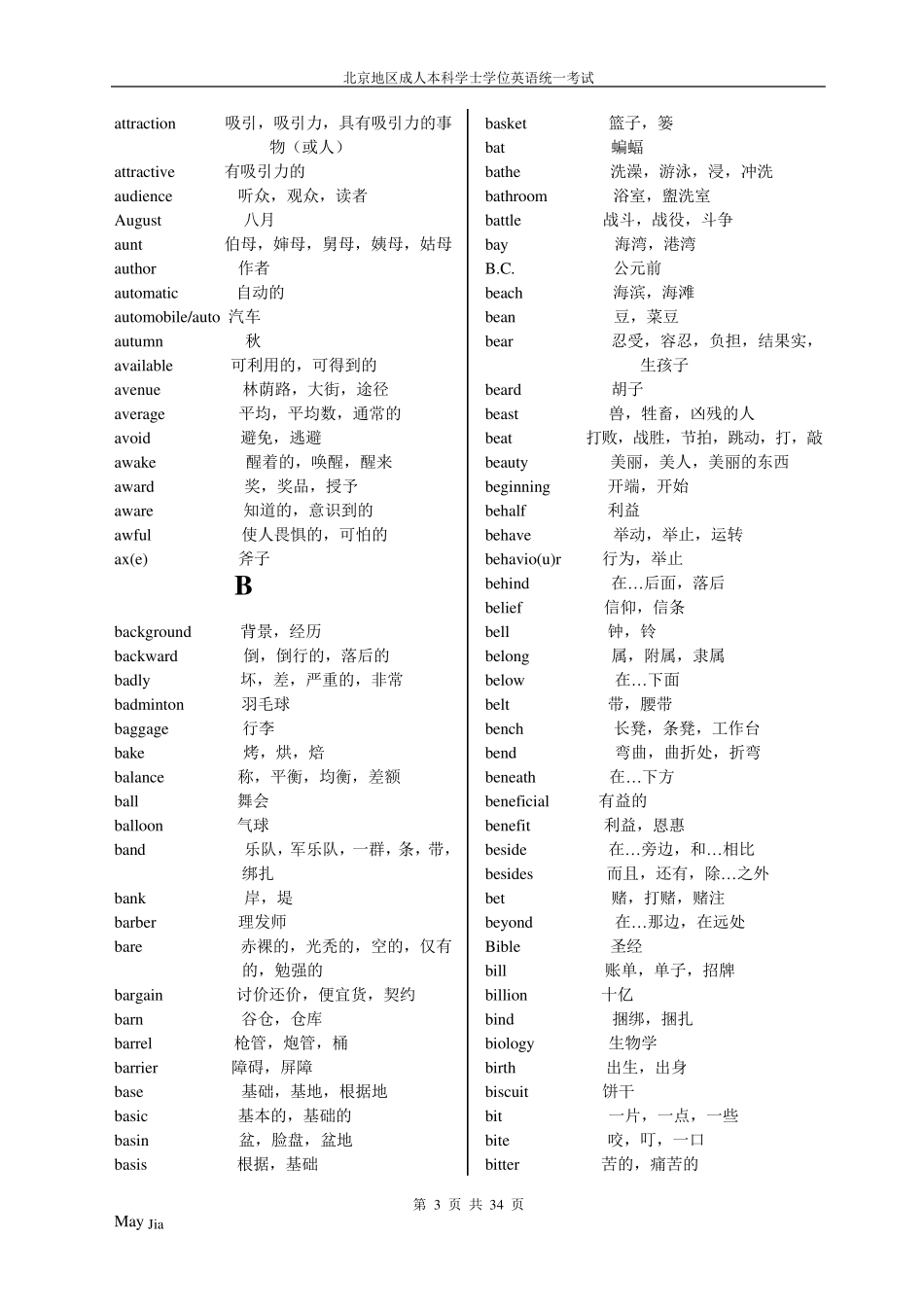 北京地区成人本科学位英语考试大纲词汇表_第3页