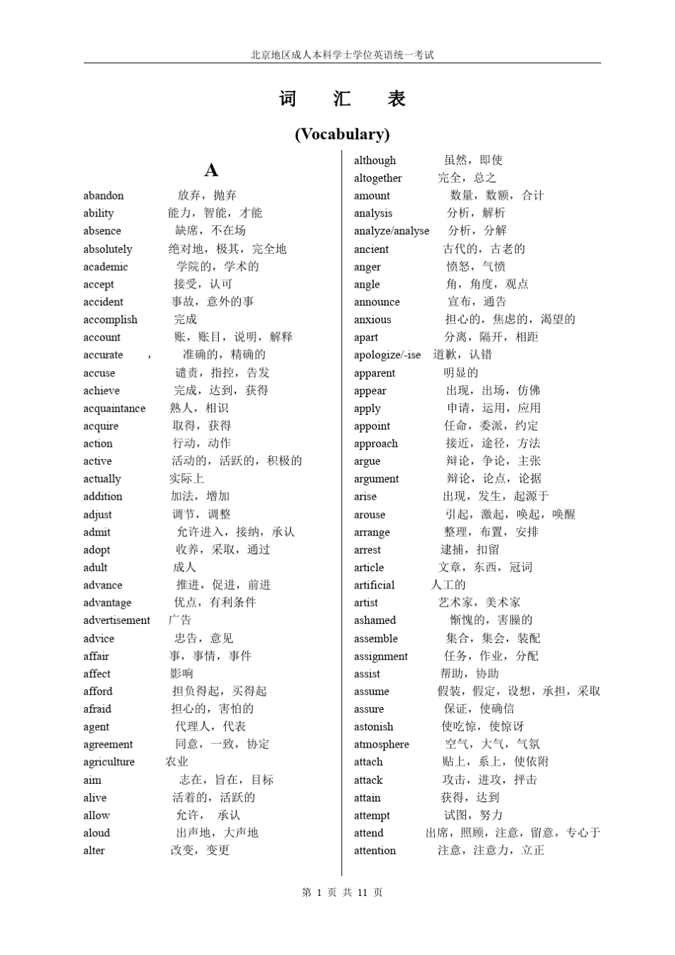 北京地区成人本科学位英重点词_第1页