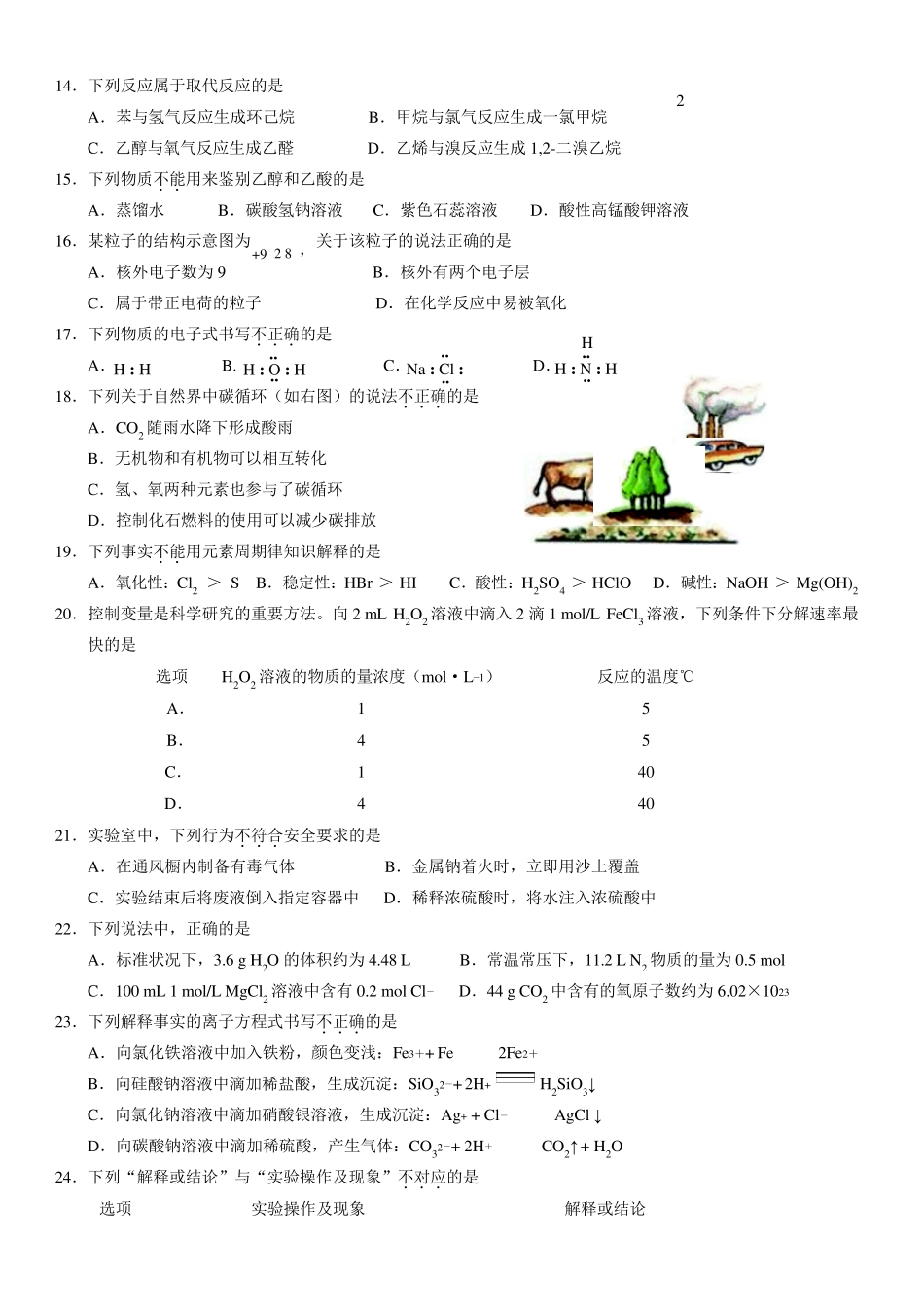 北京市2017年春季化学会考试卷及答案_第2页