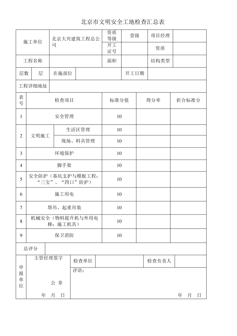 北京市文明安全工地检查表(10张表)_第3页