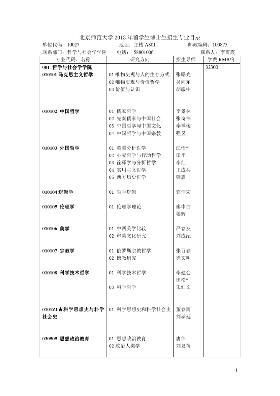 北京师范大学2013年留学生博士生招生专业目录留学北京师范大学_第1页