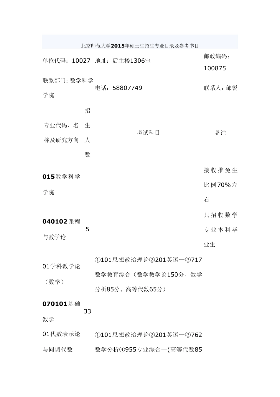 北京师范大学2015年硕士生招生专业目录及参考书目_第1页