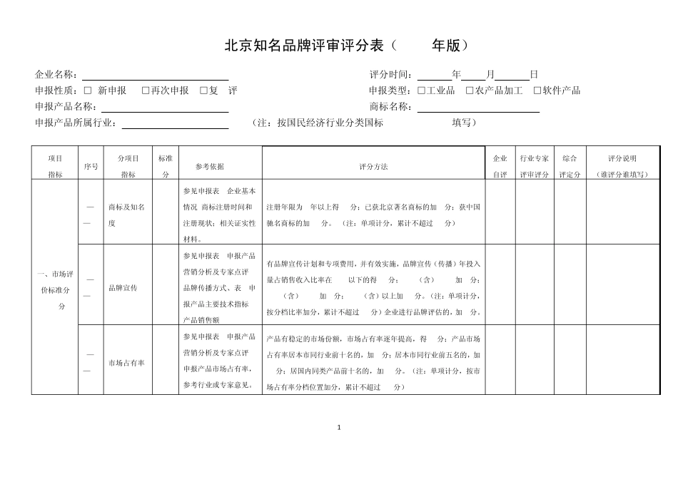 北京知名品牌评审评分表(2011年版)_第1页