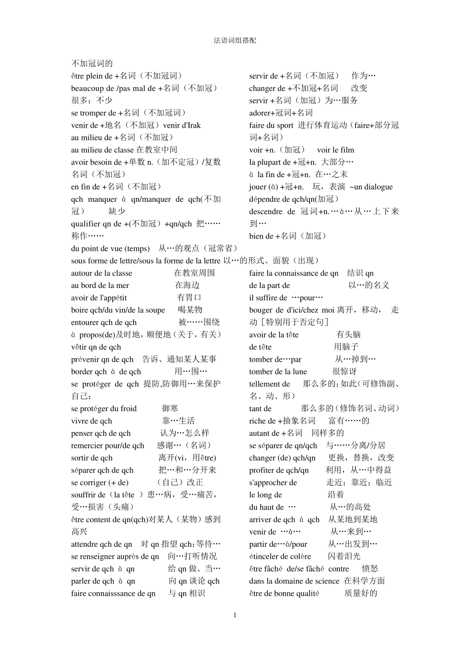 北外马晓宏_法语_第一册到第二册常用动词搭配归类_(法语常用词搭配)_第1页