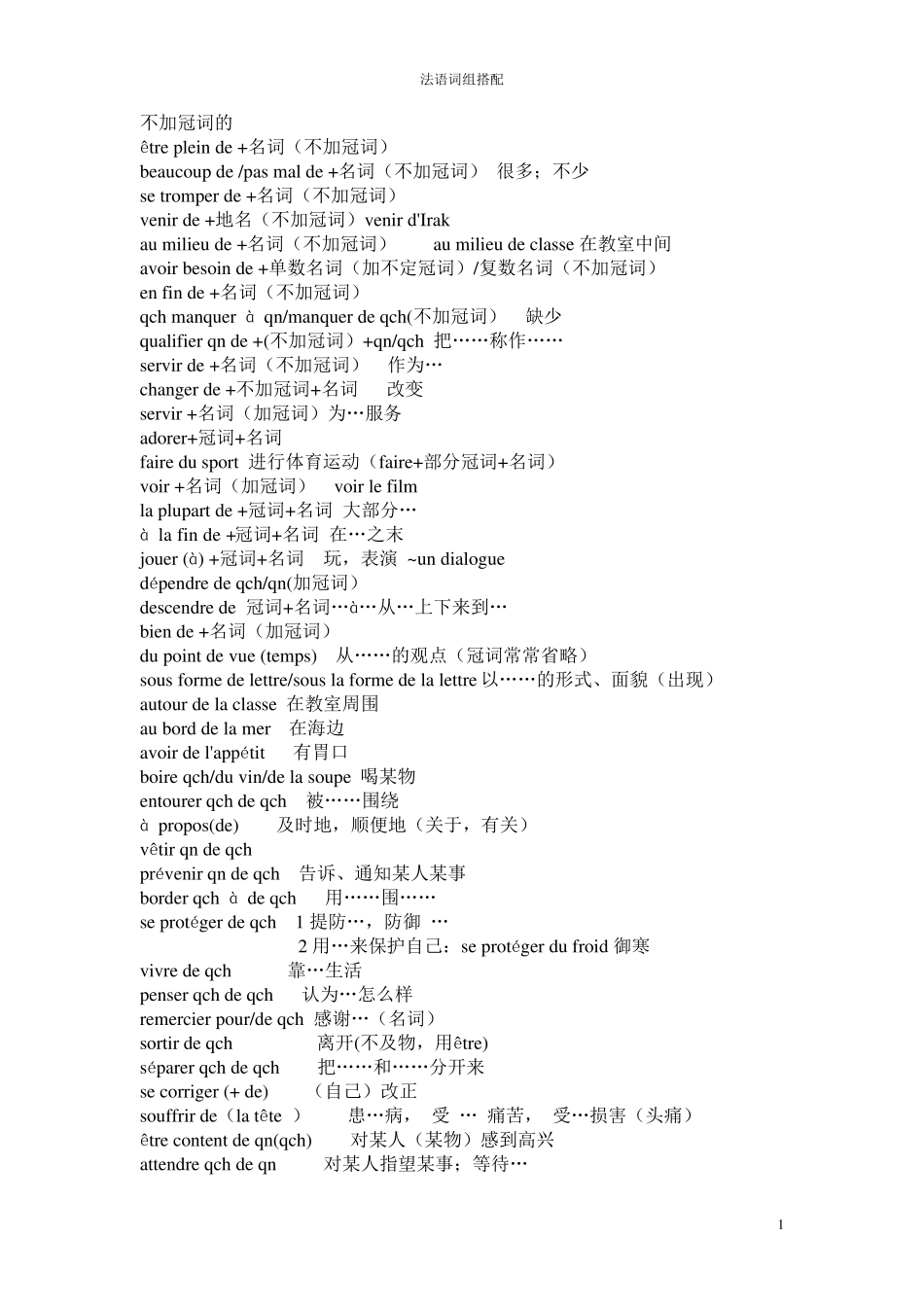 北外马晓宏法语第一册到第二册常用动词搭配归类(法语常用词搭配)_第1页