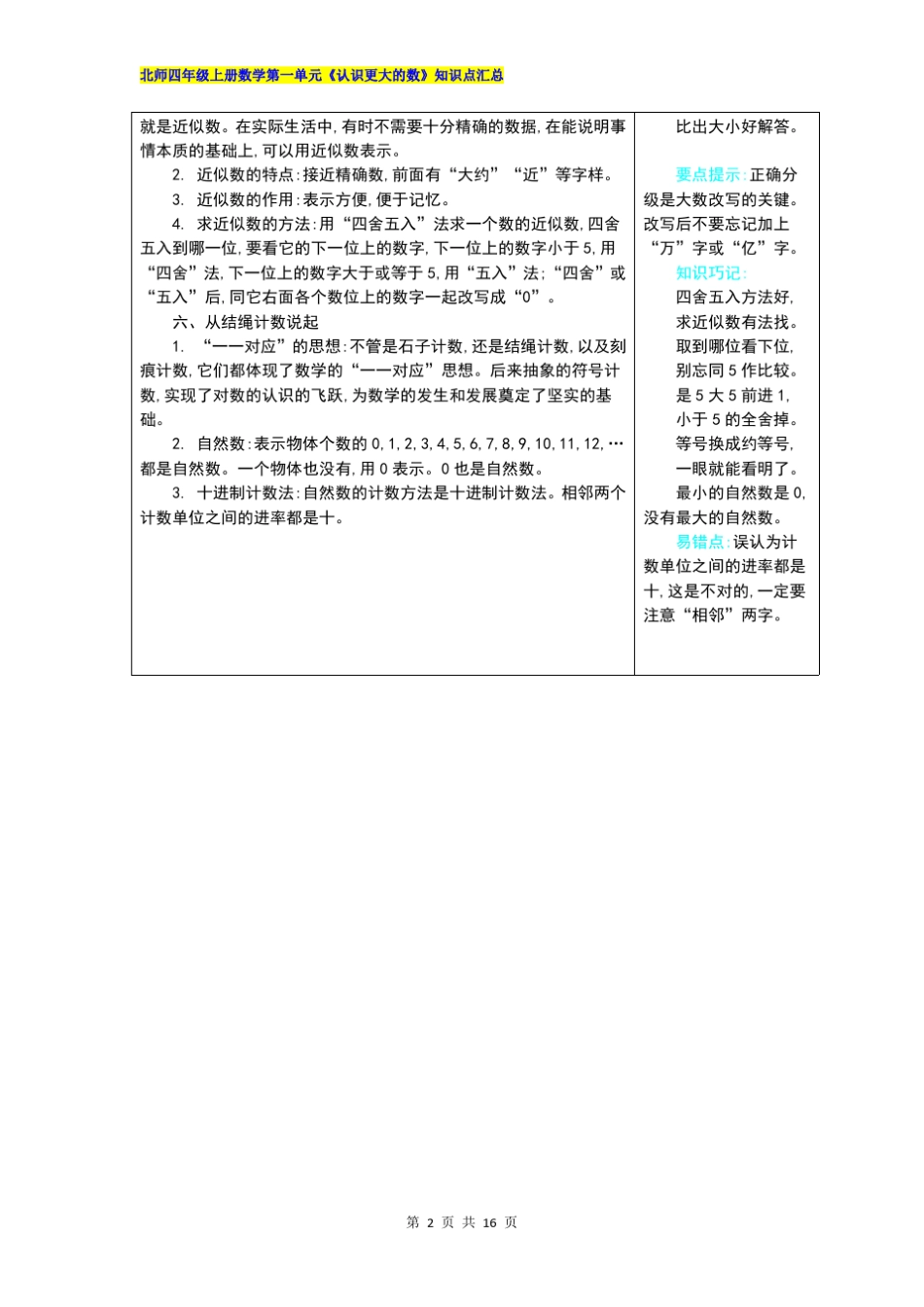 北师大四年级上册数学全册知识点汇总_第2页
