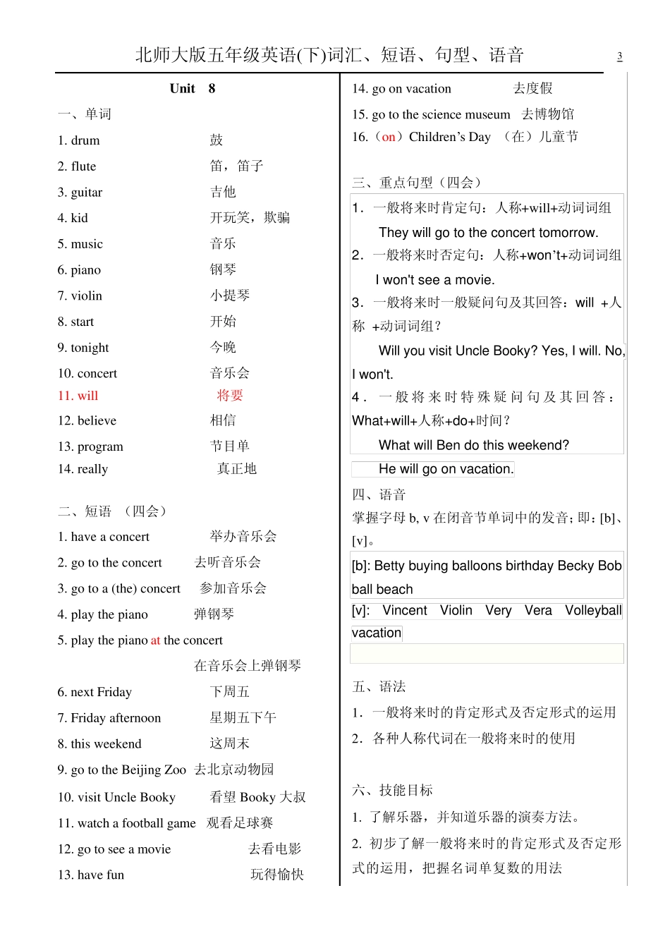 北师大版五年级(下)英语复习提纲_第3页