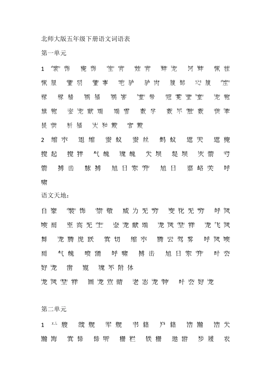 北师大版五年级下册语文词语表[汉字+拼音]_第1页