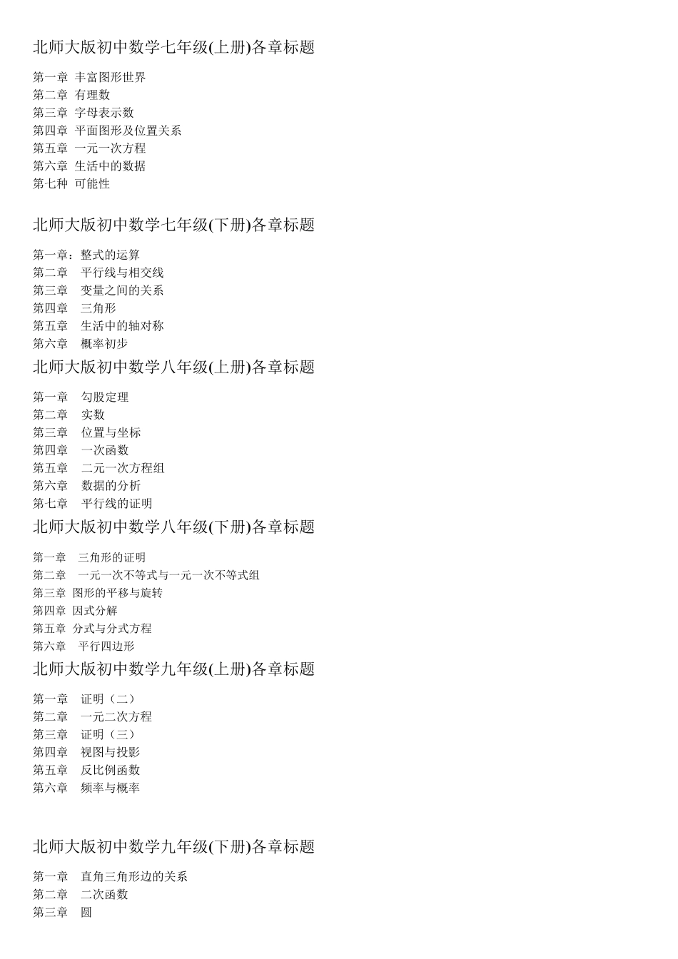 北师大版初中数学各册章节知识点总结(超强总结)_第1页