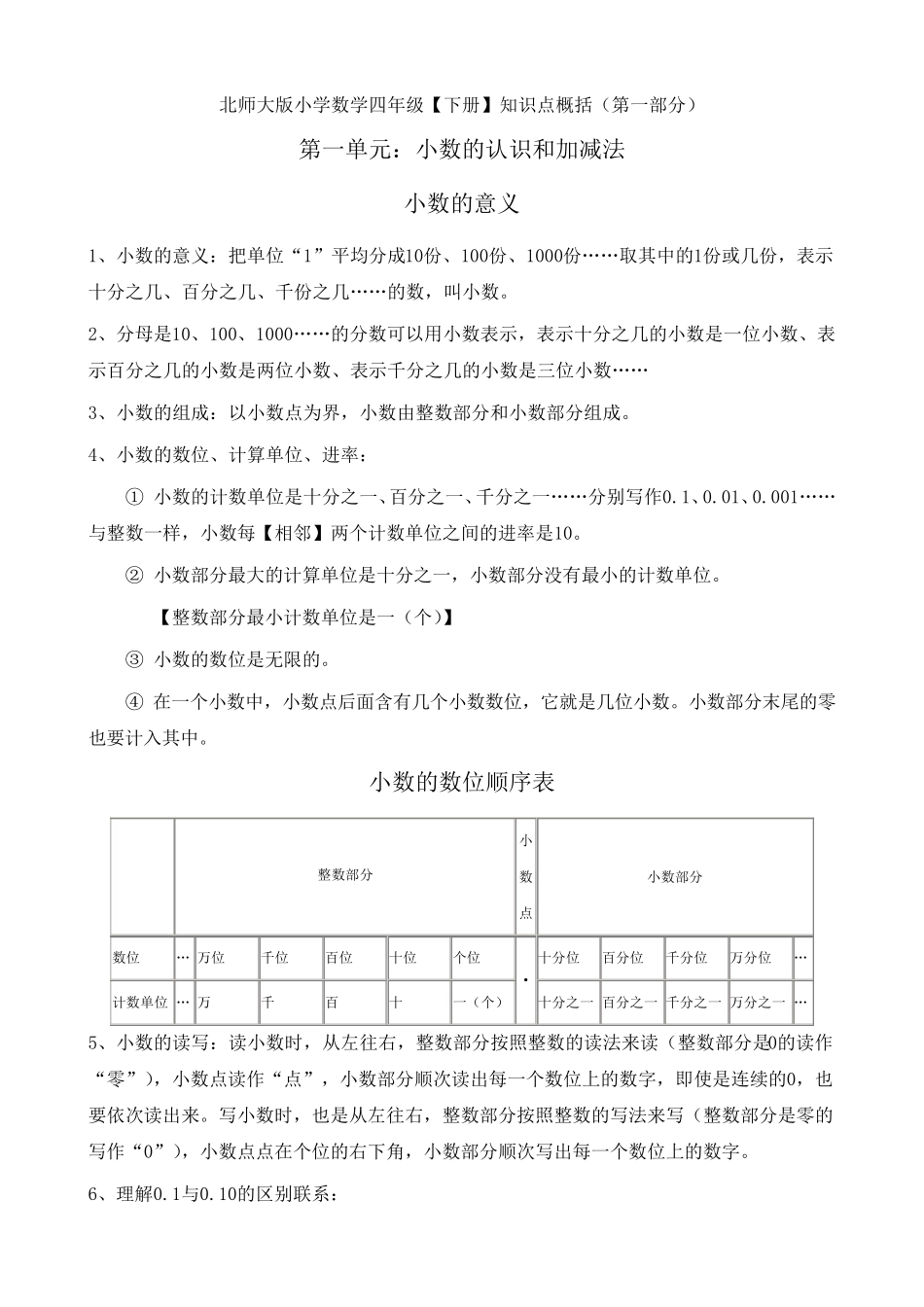 北师大版四年级数学单元知识点归纳_第1页