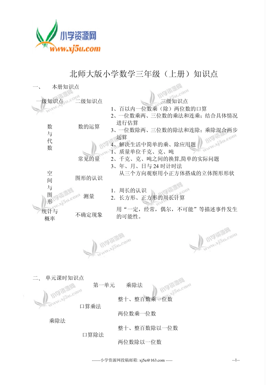 北师大版小学数学三年级(上册)知识点_第1页