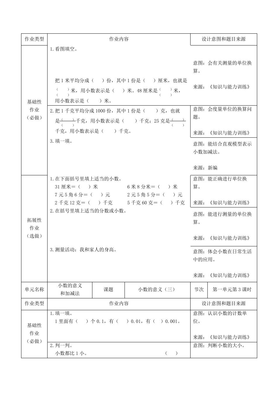 北师大版小学数学四年级下册双减分层书面作业设计案例样例第一单元小数的意义和加减法_第2页