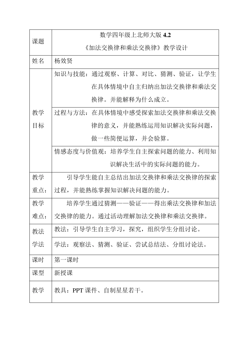 北师大版数学四年级上加法交换律和乘法交换律教学设计_第1页