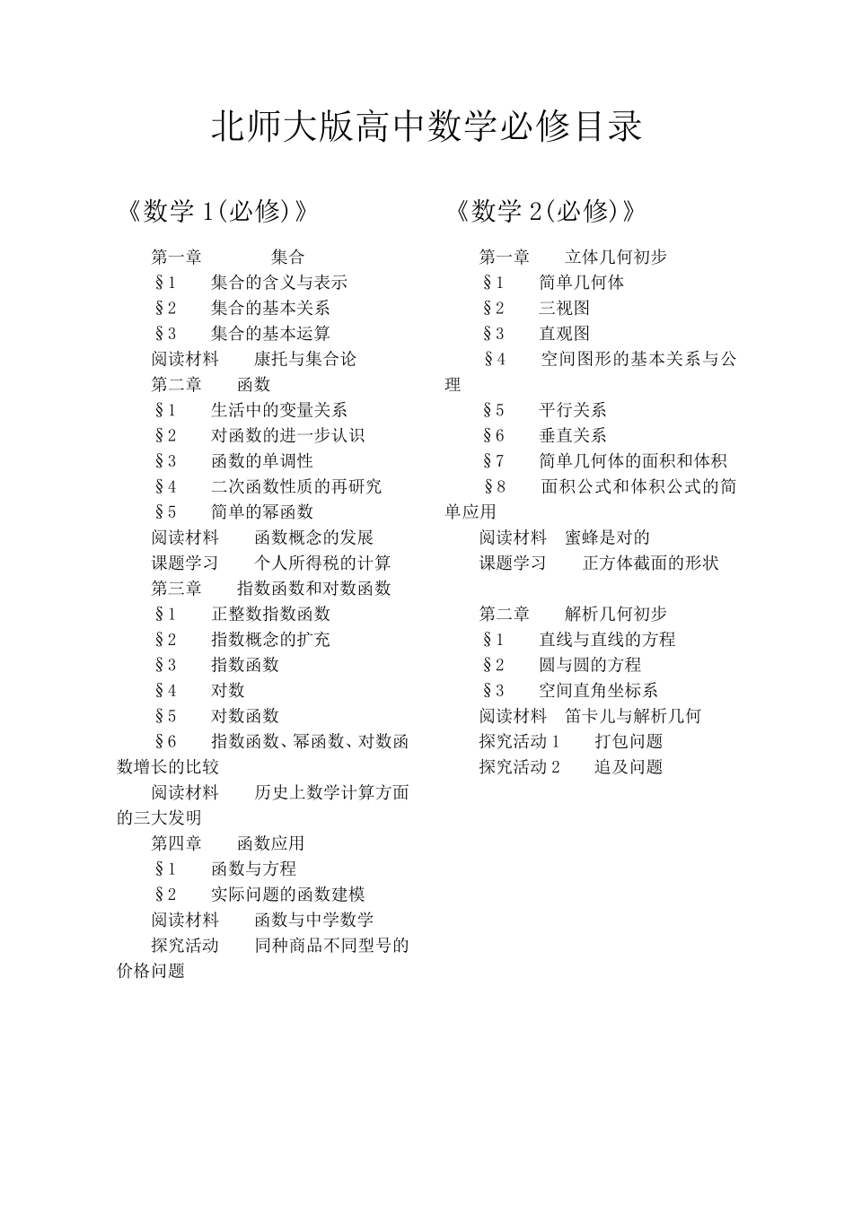 北师大版高中数学必修选修目录_第1页