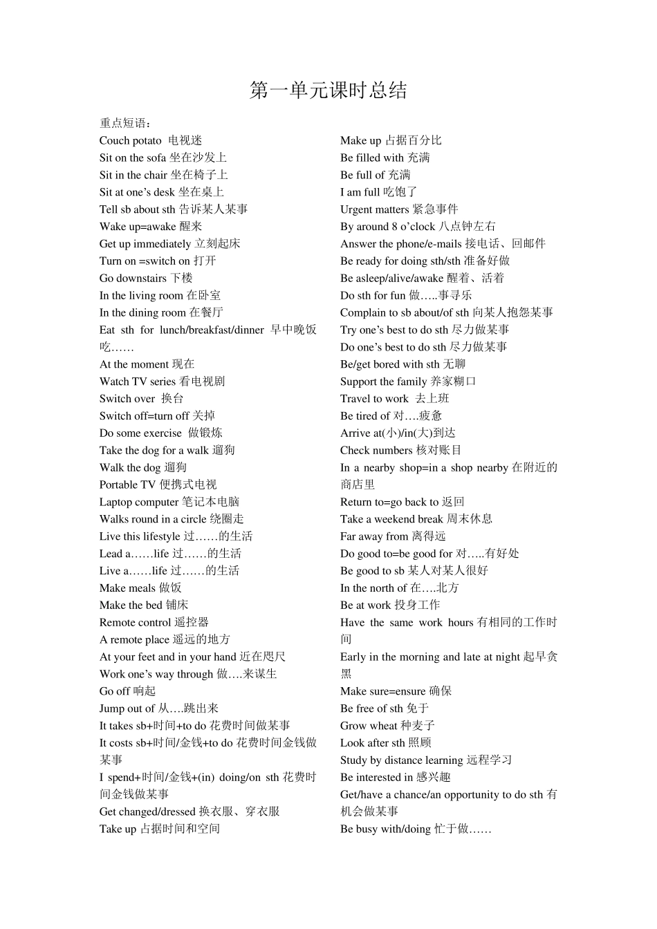 北师大版高中英语必修1必修4课文要点短语总结_第1页