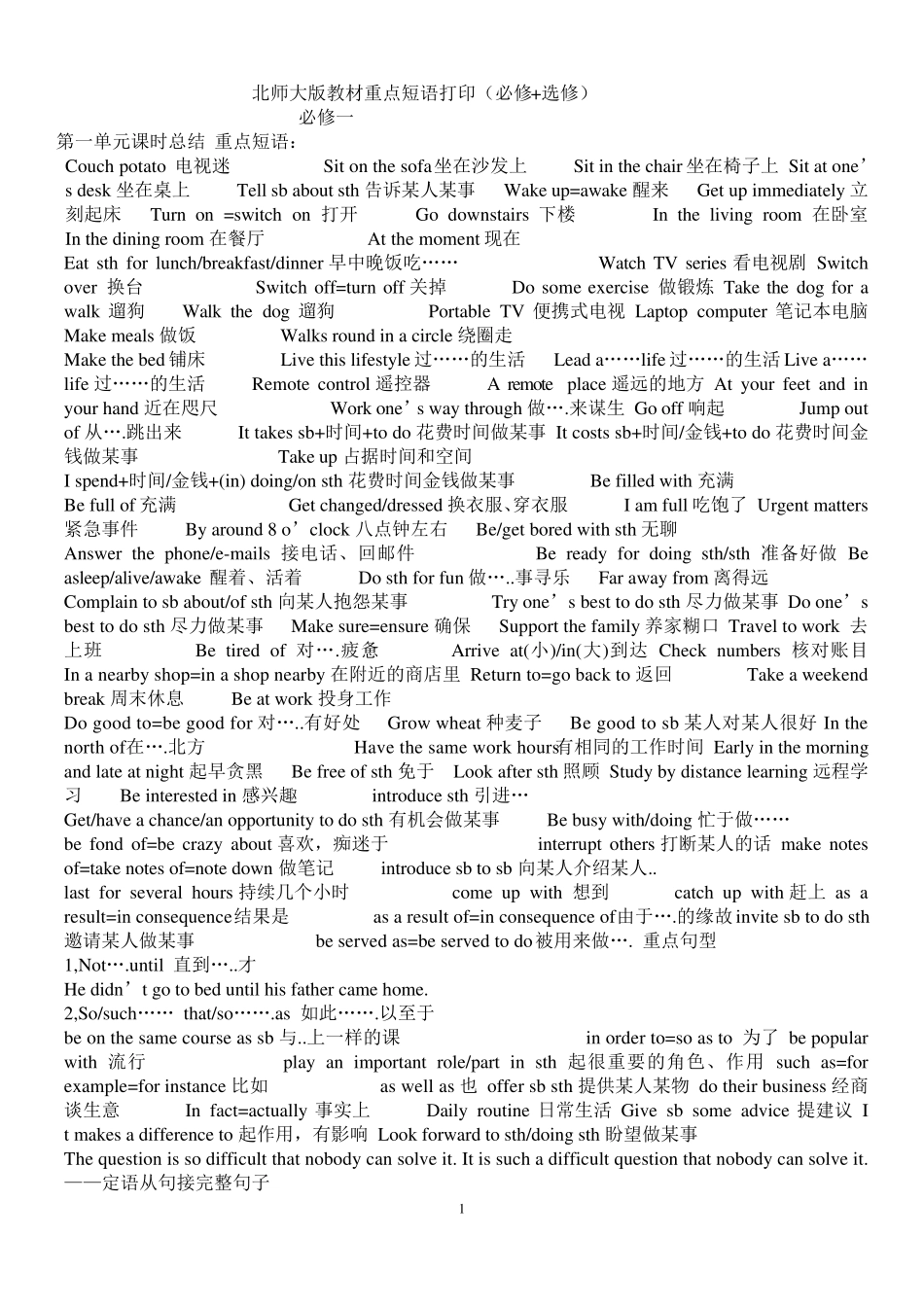 北师大版高中英语必修一至选修八的重点词组短语最佳打印版_第1页