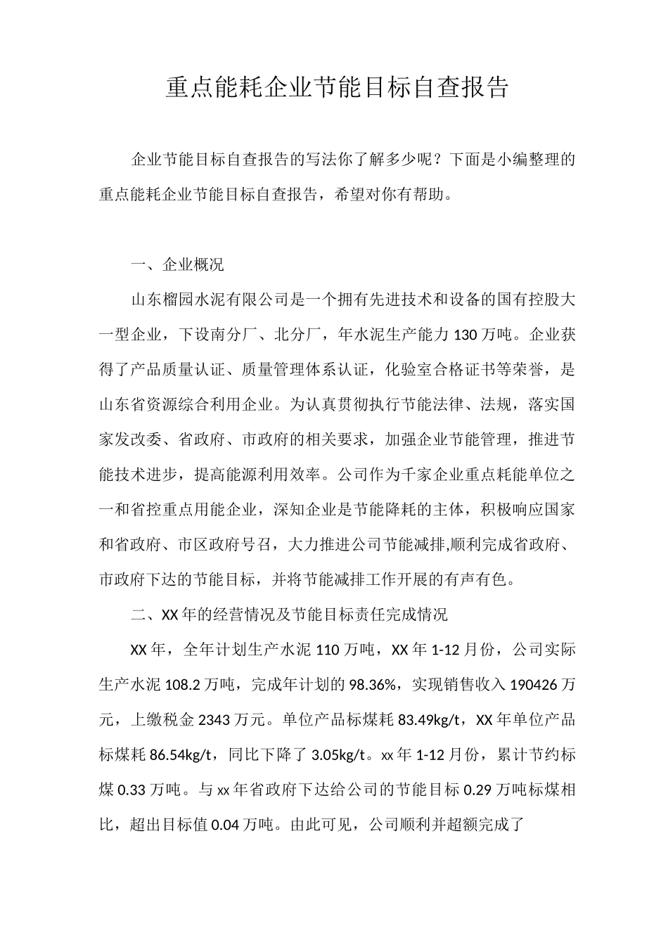 自查报告 重点能耗企业节能目标自查报告_第1页