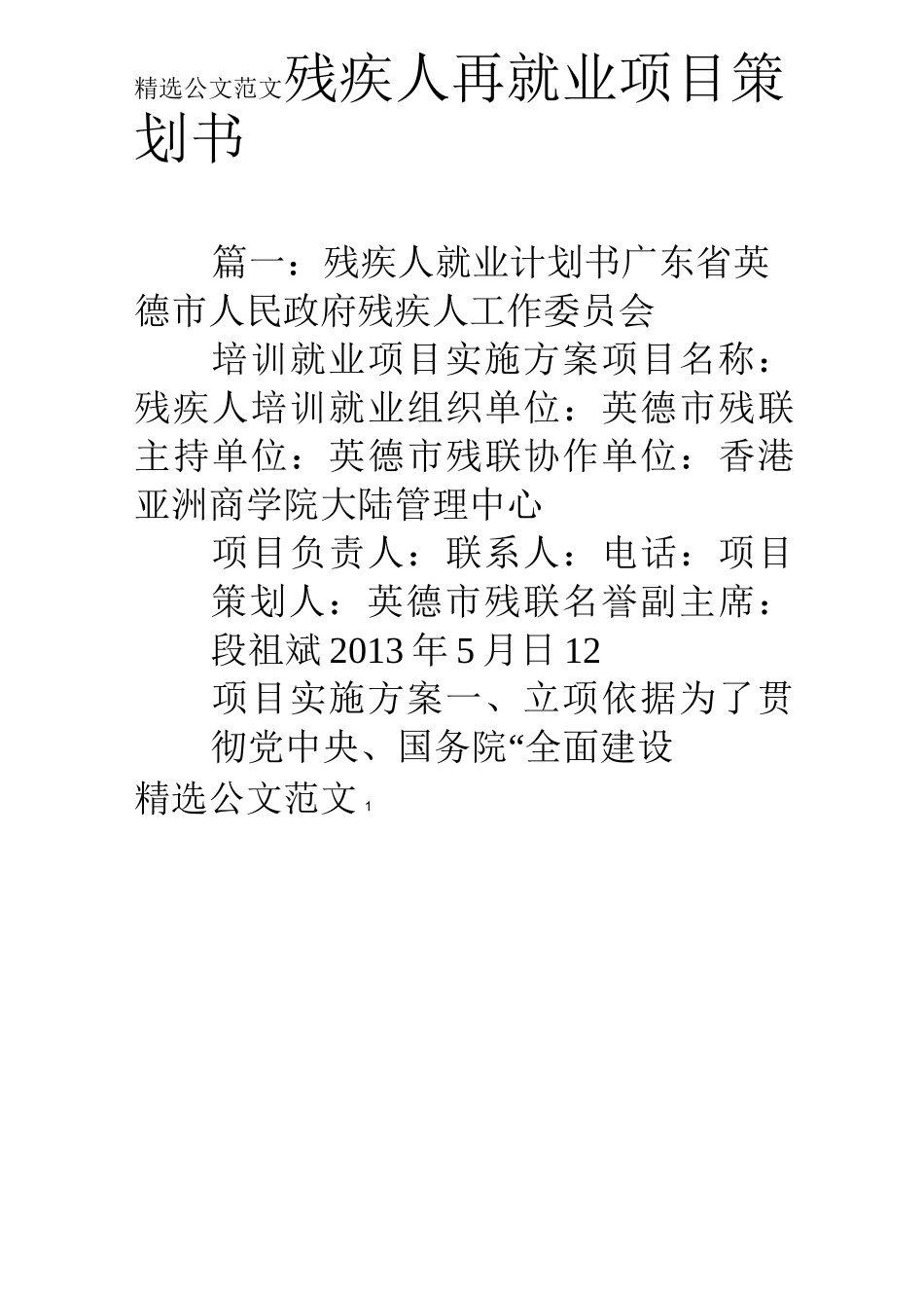 残疾人再就业项目策划书_第1页