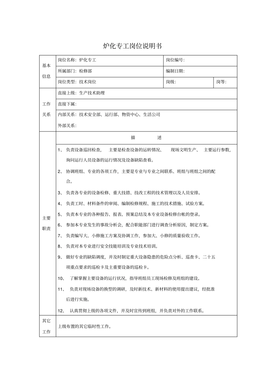 炉化专工岗位说明书_第1页