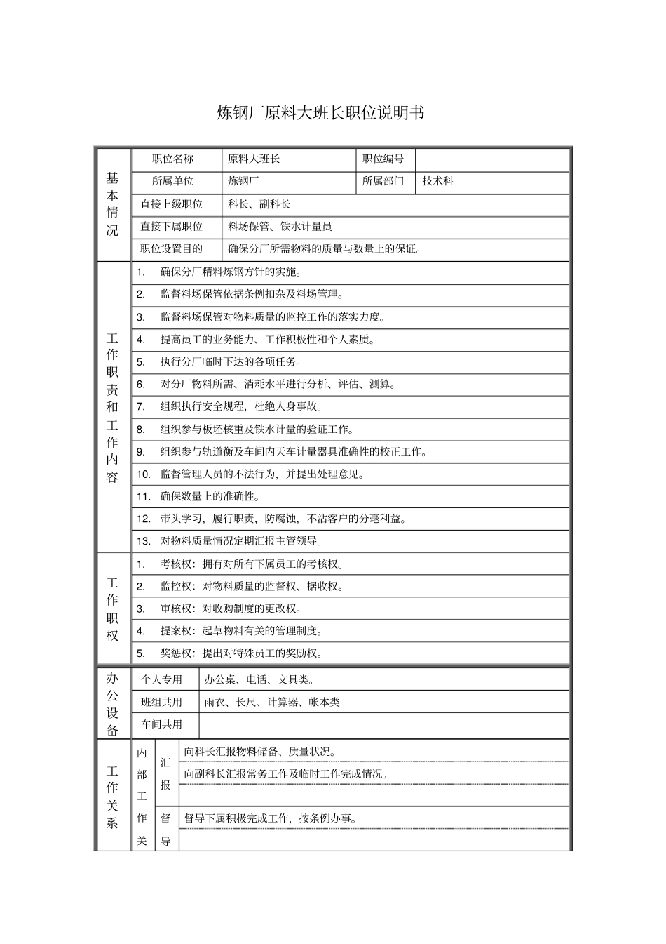 炼钢厂原料大班长职位说明书_第1页