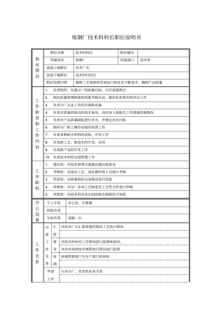 炼钢厂技术科科长职位说明书