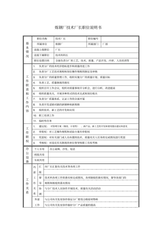 炼钢厂技术厂长职位说明书