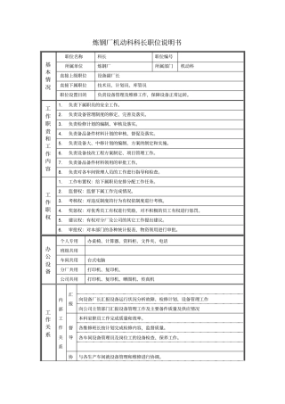 炼钢厂机动科科长职位说明书