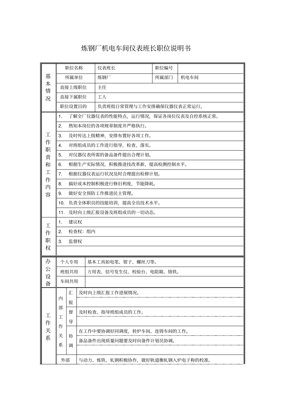 炼钢厂机电车间仪表班长职位说明书_第1页