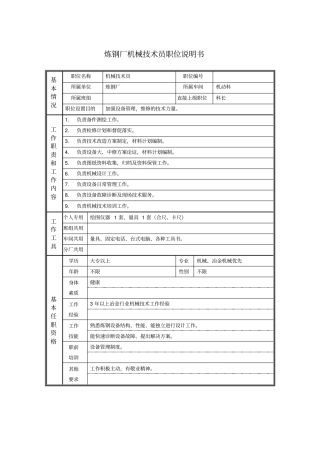 炼钢厂机械技术员职位说明书