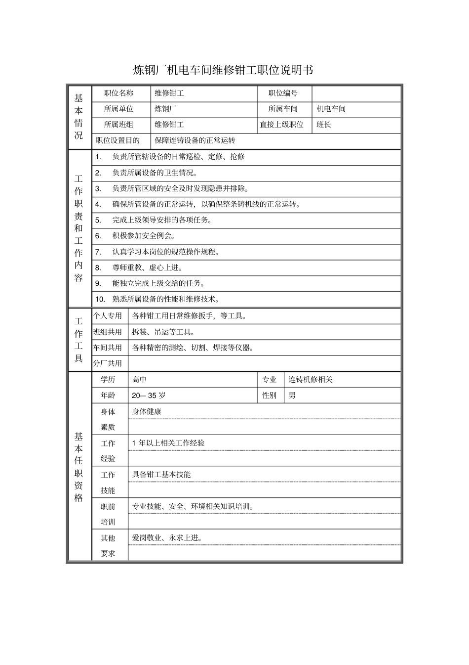 炼钢厂机电车间维修钳工职位说明书_第1页