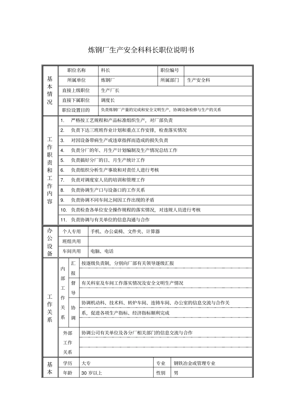 炼钢厂生产安全科科长职位说明书_第1页