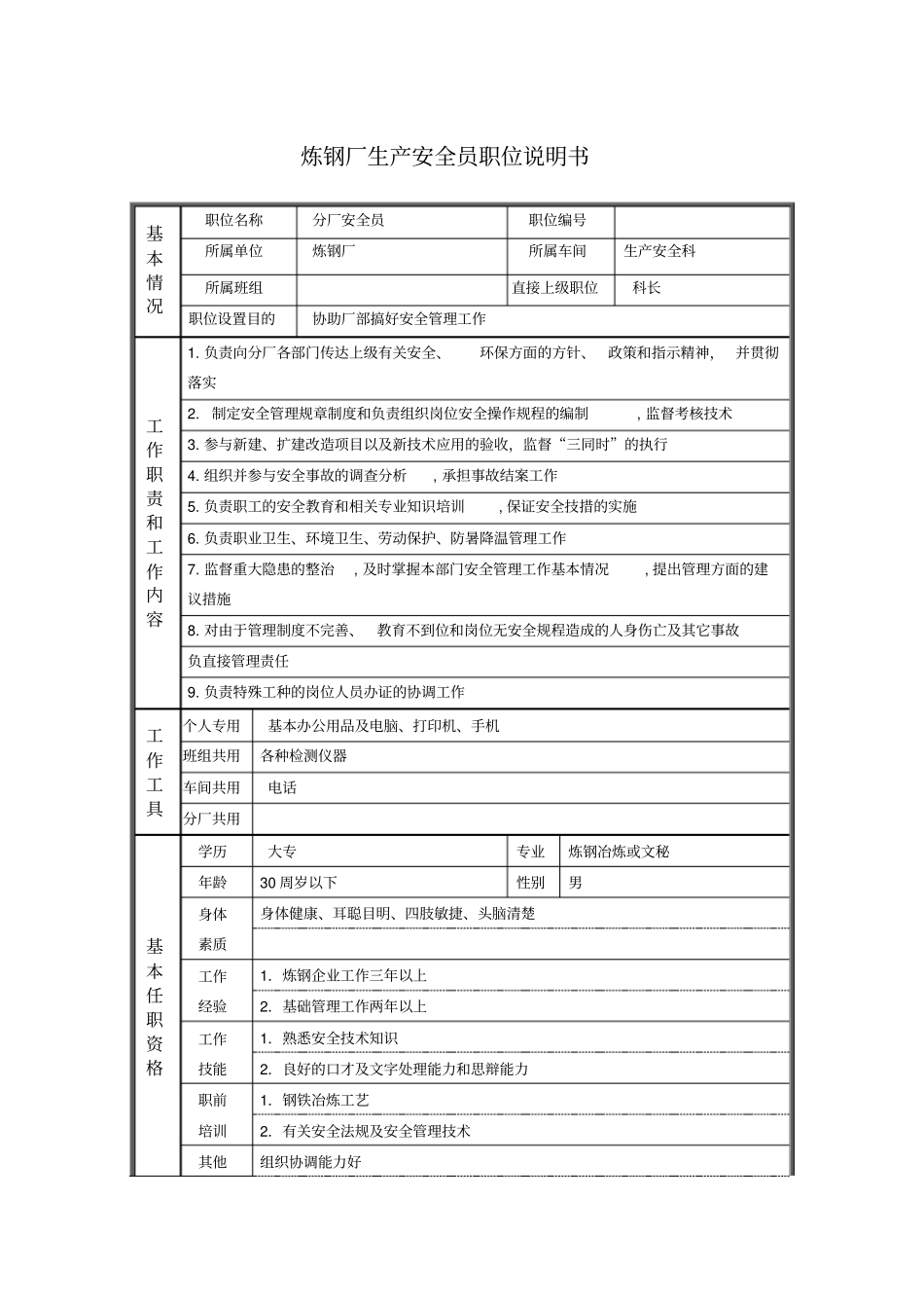 炼钢厂生产安全员职位说明书_第1页
