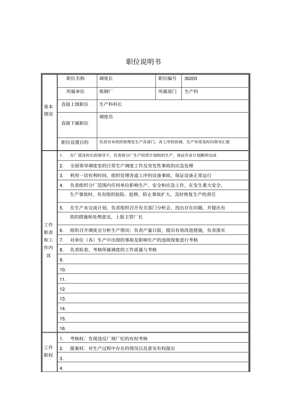 炼钢厂生产科调度长职位说明书_第1页