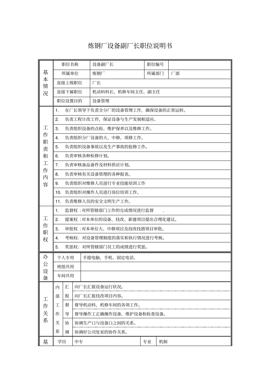 炼钢厂设备副厂长职位说明书_第1页