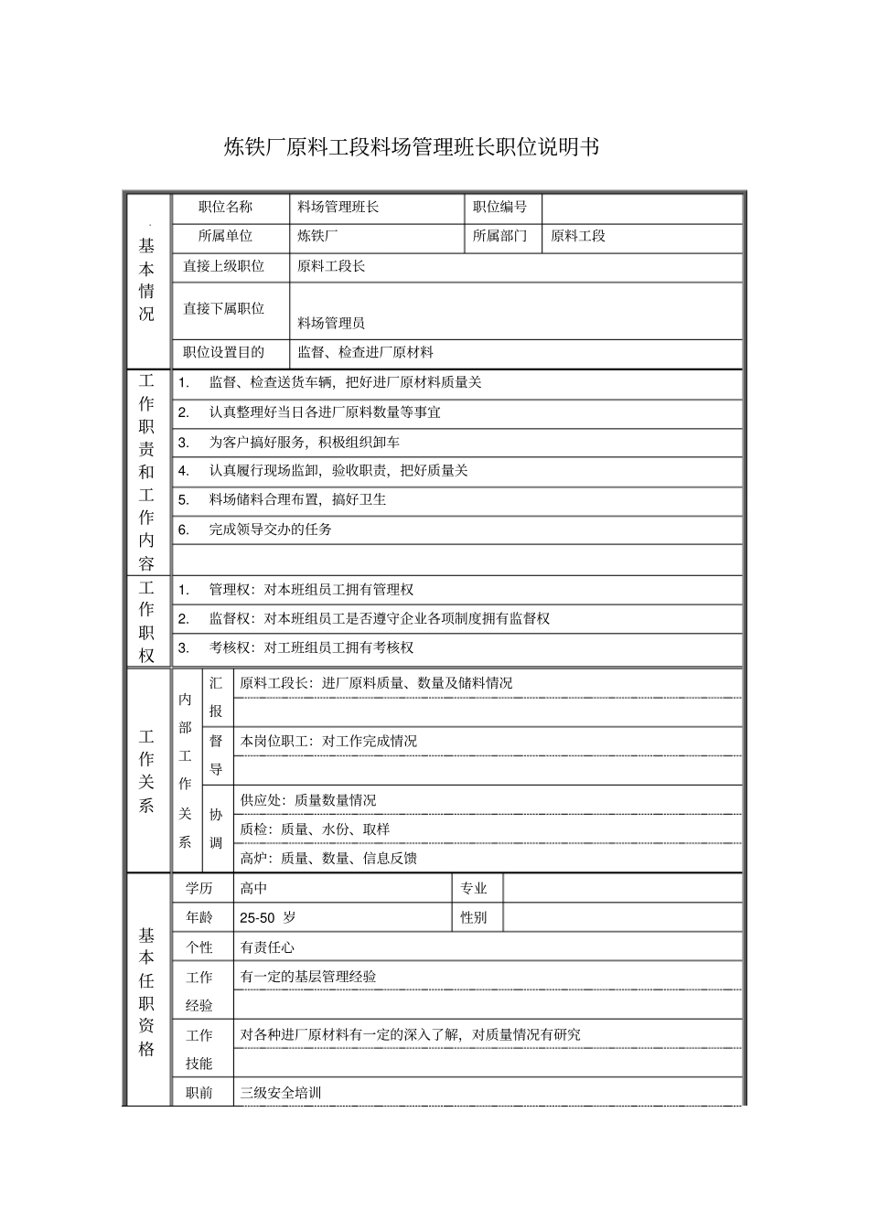 炼铁厂原料工段料场管理班长职位说明书_第1页