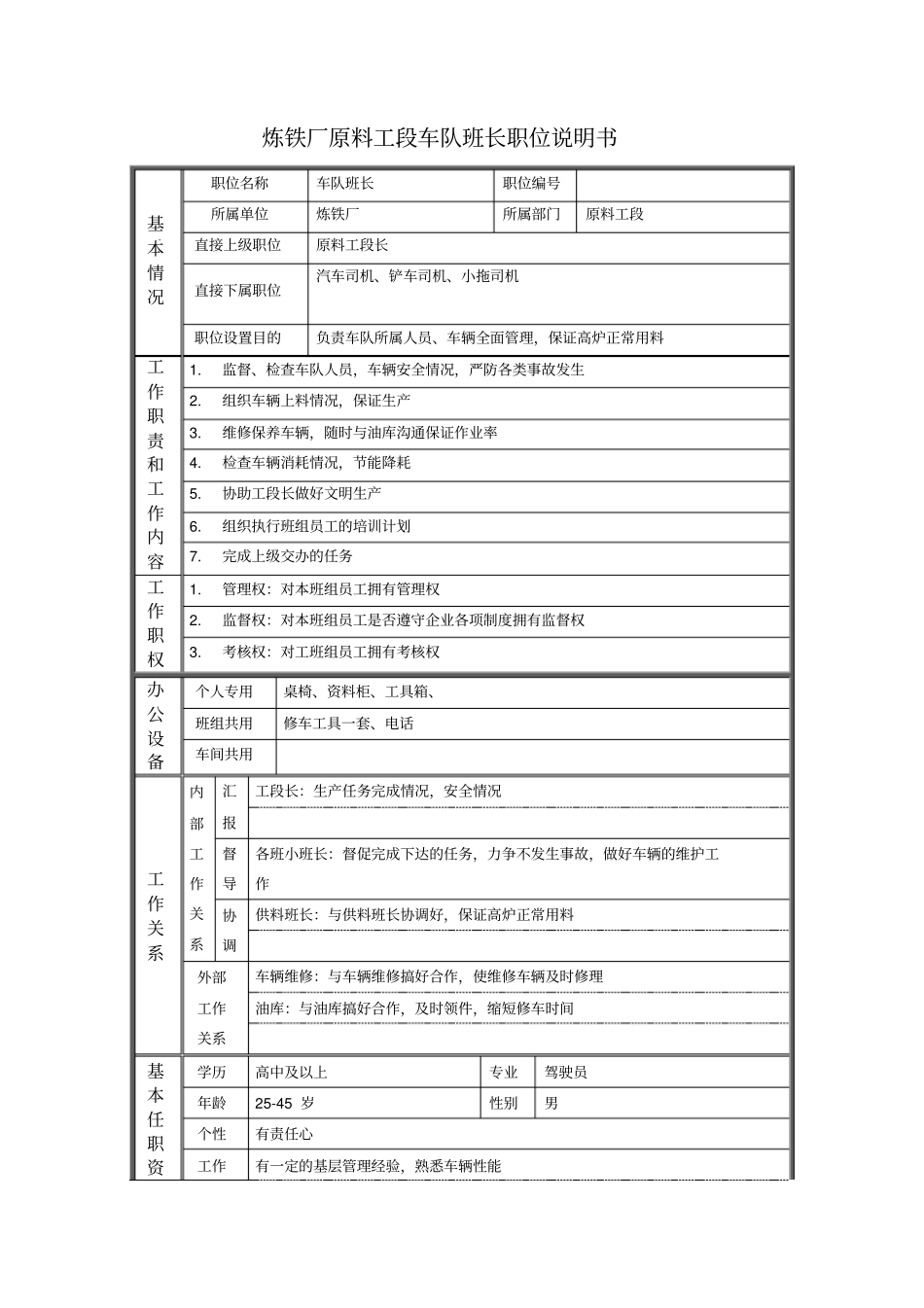 炼铁厂原料工段车队班长职位说明书_第1页