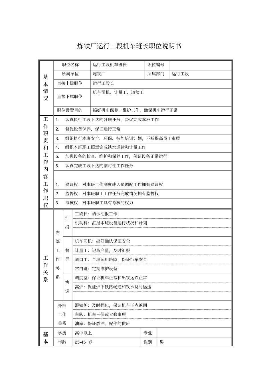 炼铁厂运行工段机车班长职位说明书_第1页