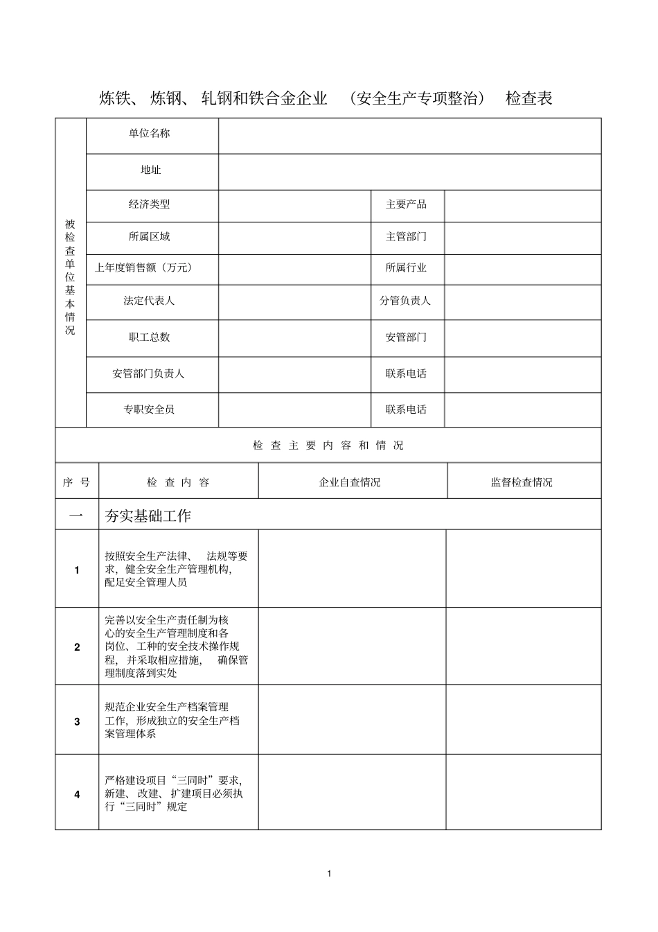 炼铁炼钢轧钢和铁合金企业安全生产专项整治检查表_第1页