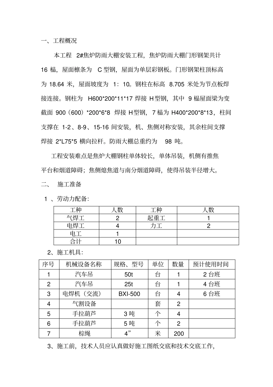 焦炉临时大棚安装施工方案_第1页