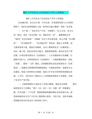 煤矿上半年安全工作总结及下半年工作规划【可编辑版】