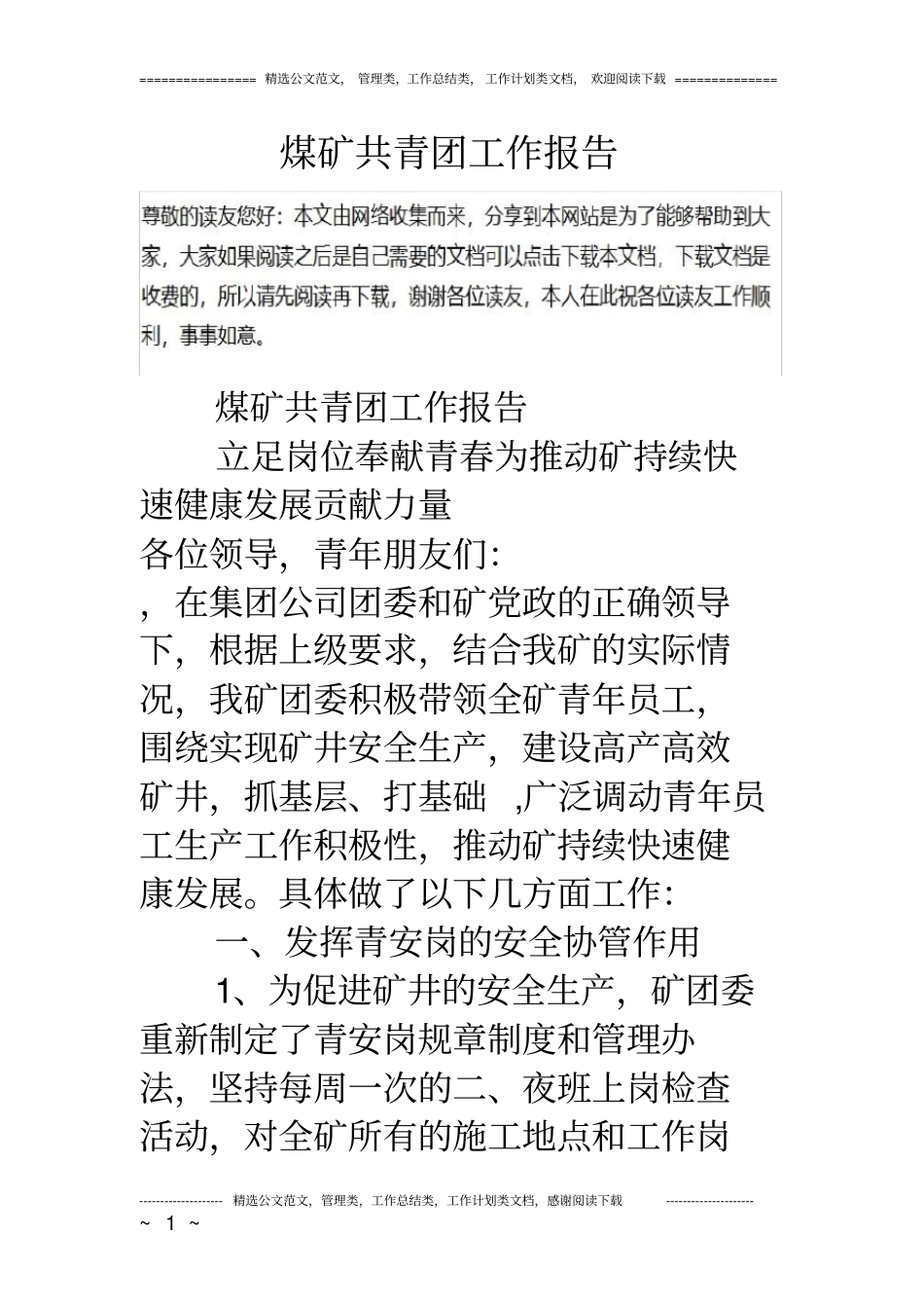 煤矿共青团工作报告_第1页