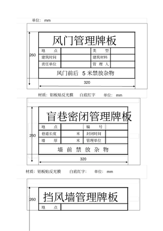 煤矿各类管理牌板制作尺寸标准