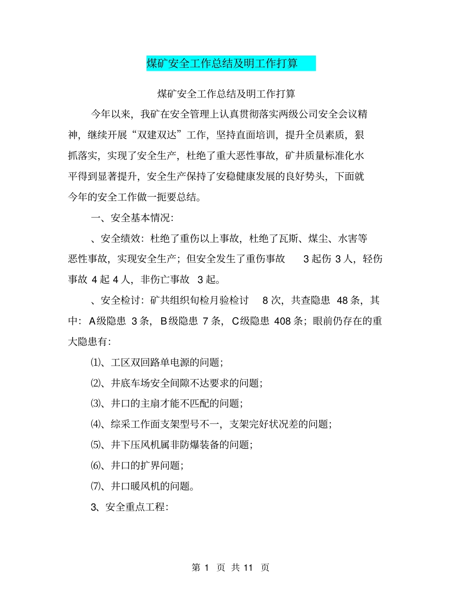 煤矿安全工作总结及明工作打算【可编辑版】_第1页