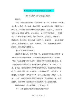 煤矿安全生产工作总结及工作打算【可编辑版】