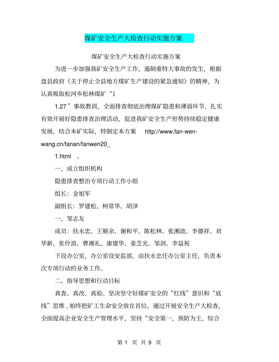 煤矿安全生产大检查行动实施方案【可编辑版】_第1页