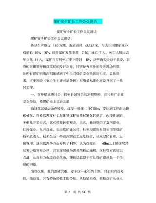 煤矿安全矿长工作会议讲话